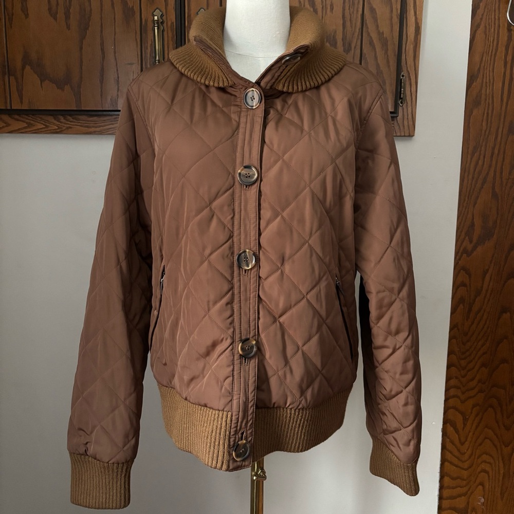 Vtg Talbots Brown Bomber Quilted Button Up Jacket Size Lg Lightweight Puffer - Picture 10 of 10